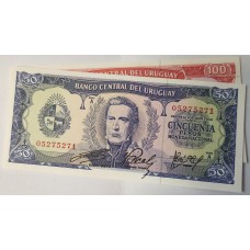 URUGUAY 1967 . FIFTY 50 and ONE HUNDRED 100 PESOS BANKNOTES